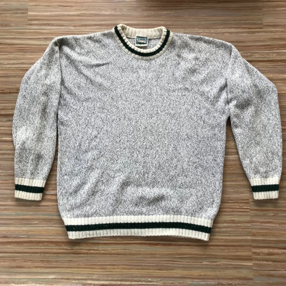 Northern Elements Grey Heather & Green Wool Blend Pullover Sweater XXL Vtg Cabin